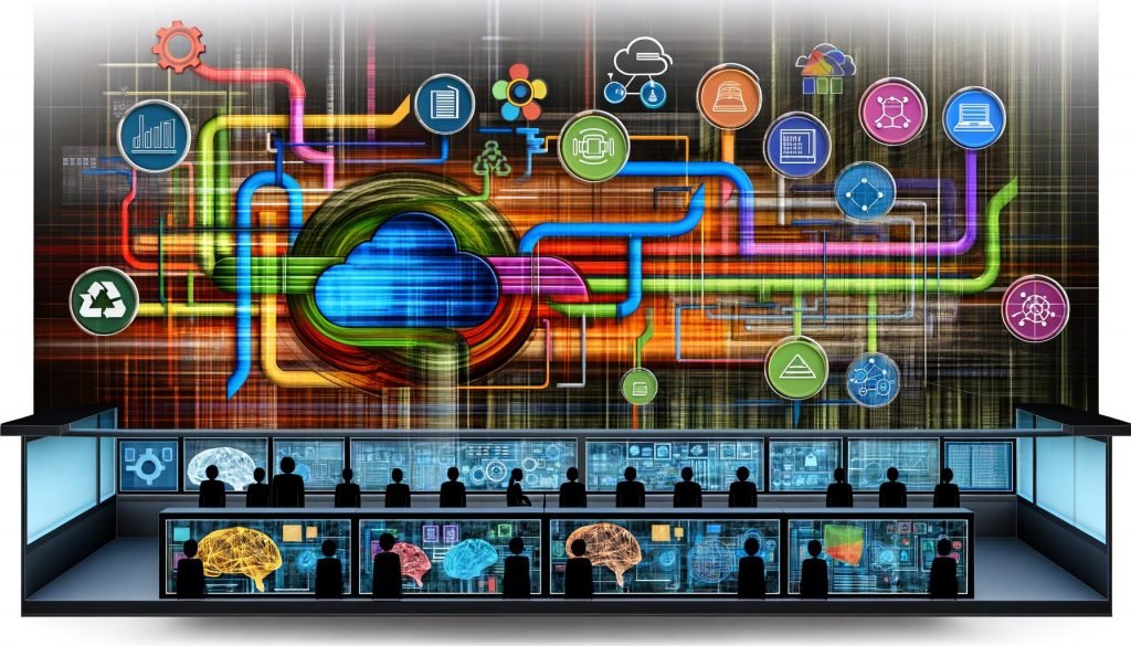 Abstrakte Darstellung eines futuristischen Data-Science-Kontrollraums mit bunten Datenströmen, Teammitgliedern, technischen Icons und digitalen Monitoren vor transparenten Workflow-Layern.