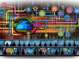 Abstrakte Darstellung eines futuristischen Data-Science-Kontrollraums mit bunten Datenströmen, Teammitgliedern, technischen Icons und digitalen Monitoren vor transparenten Workflow-Layern.