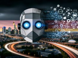 Moderner Roboterkopf in Grautönen mit leuchtenden, blauen LED-Augen, eingebettet in ein digitales, urbanes Panorama mit deutschen Marketingbegriffen und Icons für KI-Tools in deutschen Flaggenfarben.