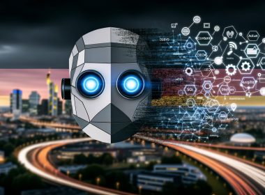 Moderner Roboterkopf in Grautönen mit leuchtenden, blauen LED-Augen, eingebettet in ein digitales, urbanes Panorama mit deutschen Marketingbegriffen und Icons für KI-Tools in deutschen Flaggenfarben.