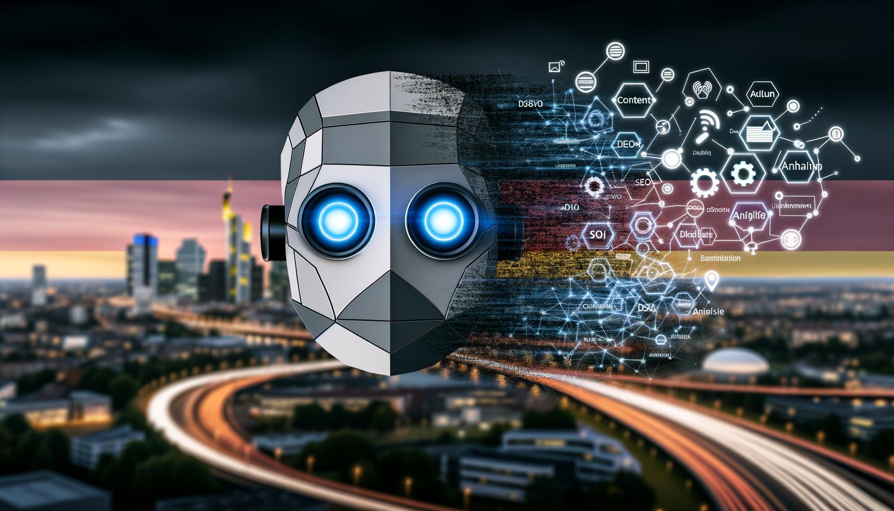 Moderner Roboterkopf in Grautönen mit leuchtenden, blauen LED-Augen, eingebettet in ein digitales, urbanes Panorama mit deutschen Marketingbegriffen und Icons für KI-Tools in deutschen Flaggenfarben.