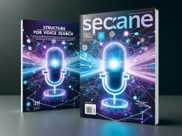 Modernes Magazin-Titelbild mit schwebendem Mikrofon, vernetzten Datenströmen, Codezeilen, abstrakten Grafikelementen und Symbolen für Smart Speaker, Smartphone und Sprachassistenten in blauen, weißen und violetten Farbtönen.