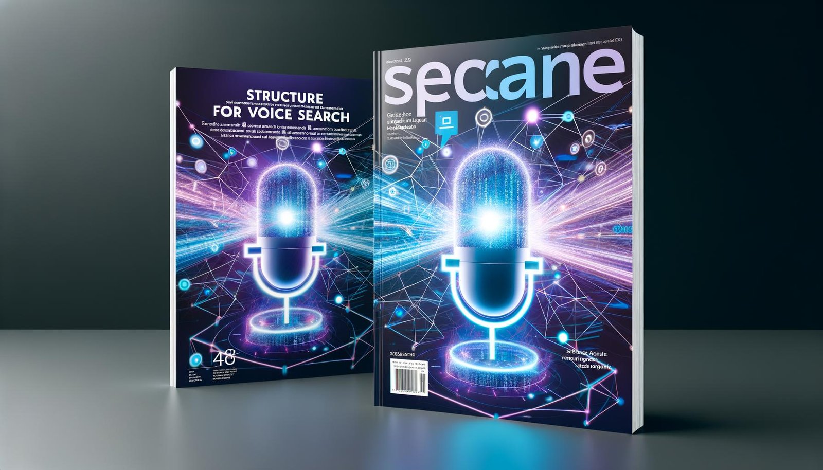 Modernes Magazin-Titelbild mit schwebendem Mikrofon, vernetzten Datenströmen, Codezeilen, abstrakten Grafikelementen und Symbolen für Smart Speaker, Smartphone und Sprachassistenten in blauen, weißen und violetten Farbtönen.