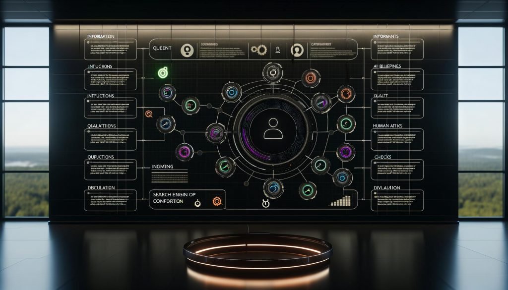 Futuristisches KI-Dashboard auf einem leuchtenden Bildschirm in minimalistischem Büro, mit Panels für Datenquellen, Qualitätsmetriken, Prompts, Deployment-Status, SEO-Analytik und ein KI-Content-Flowchart.