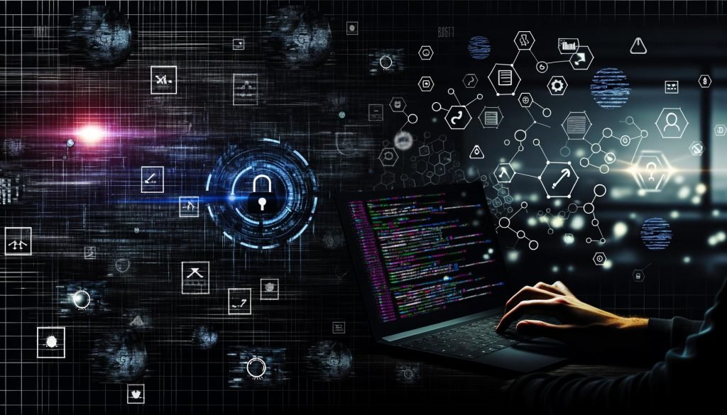 Bild von einem Bildschirm mit Daten-Dashboards, fehlerbehaftetem Code und Debugging-Tools, umgeben von verzerrten Social-Media-Icons und leuchtenden Datenströmen in urbaner Tech-Atmosphäre.