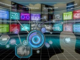 Futuristisches Notion Control Panel mit holografischen Datenbanken, KPI-Dashboards und API-Verbindungen zu Slack, HubSpot, Stripe und VR-Plattformen in einem digitalen Raum.