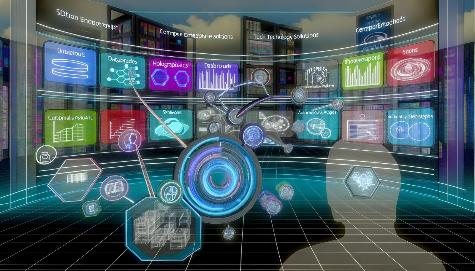 Futuristisches Notion Control Panel mit holografischen Datenbanken, KPI-Dashboards und API-Verbindungen zu Slack, HubSpot, Stripe und VR-Plattformen in einem digitalen Raum.