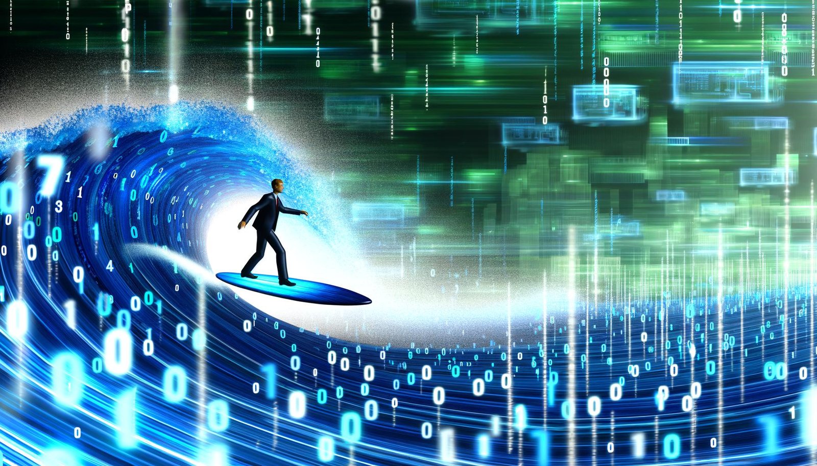 Business-Person surft auf Data-Board über leuchtende digitale Datenwellen vor futuristischen Firmengebäuden