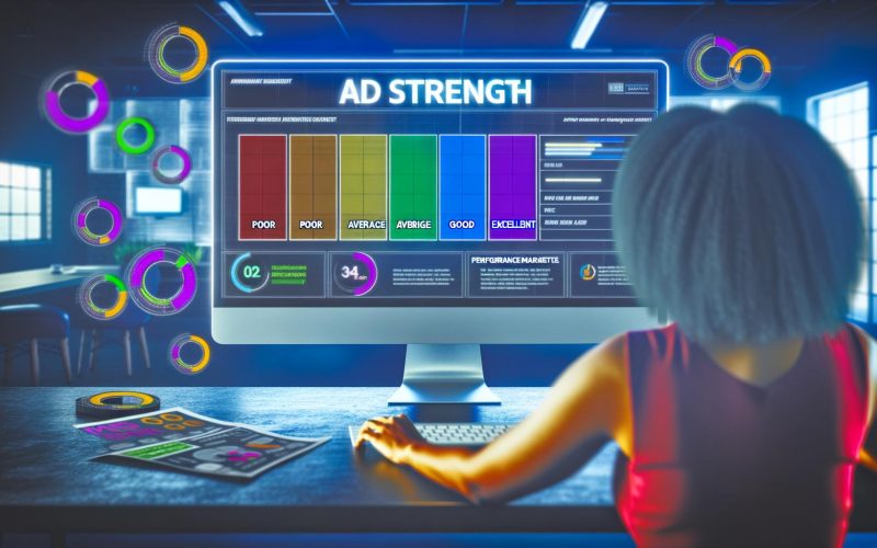 Performance-Marketer arbeitet an einem Computer mit hervorgehobener Ad Strength-Skala und schwebenden Puzzlestücken wie Headlines und Descriptions in einem modernen, technikaffinen Arbeitsumfeld.