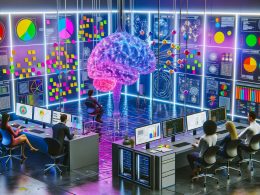 Futuristische, lebendige Arbeitsumgebung mit KI-Forschenden, digitalen Displays mit Algorithmus-Diagrammen, generativer Kunst und leuchtendem Gehirn aus Schaltkreisen im Zentrum.