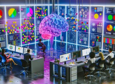 Futuristische, lebendige Arbeitsumgebung mit KI-Forschenden, digitalen Displays mit Algorithmus-Diagrammen, generativer Kunst und leuchtendem Gehirn aus Schaltkreisen im Zentrum.