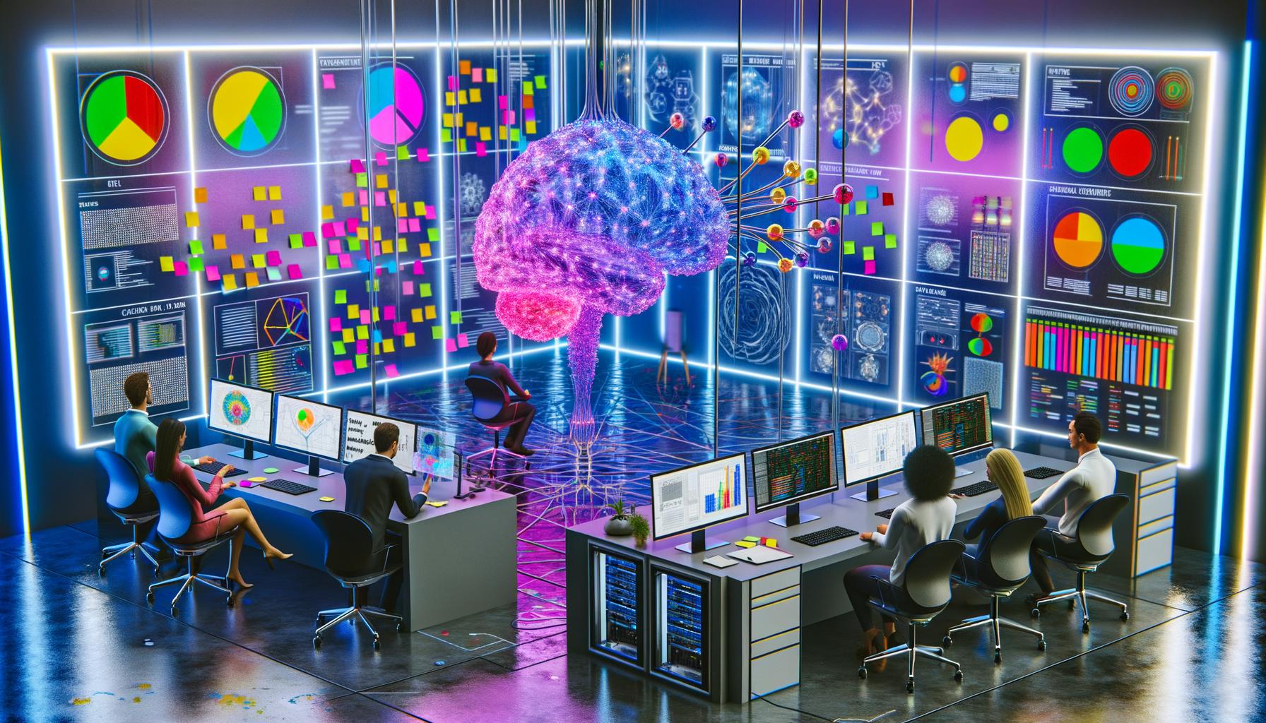 Futuristische, lebendige Arbeitsumgebung mit KI-Forschenden, digitalen Displays mit Algorithmus-Diagrammen, generativer Kunst und leuchtendem Gehirn aus Schaltkreisen im Zentrum.