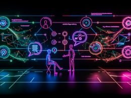 Futuristischer digitaler Arbeitsplatz mit Chatbot-Interface, Flowcharts, KPIs und visualisierten Gesprächsstrukturen in leuchtenden Neonfarben.