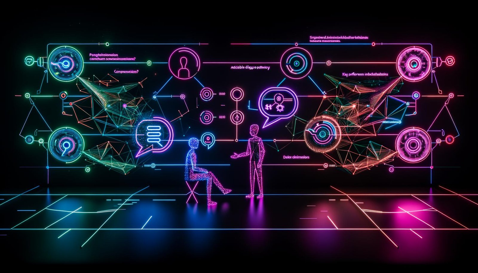 Futuristischer digitaler Arbeitsplatz mit Chatbot-Interface, Flowcharts, KPIs und visualisierten Gesprächsstrukturen in leuchtenden Neonfarben.