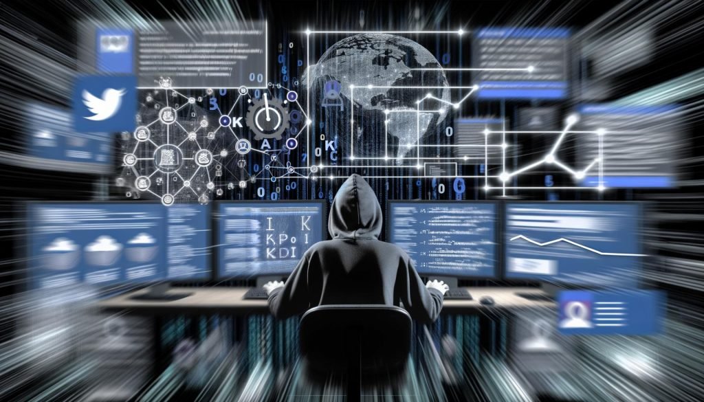 Illustration einer jungen Person mit Hoodie, die von Code, Algorithmen-Diagrammen, Hashtags, Follower- und Bot-Symbolen umgeben ist. Die Farbpalette ist blau, grau und neon, die Stimmung technisch und analytisch.