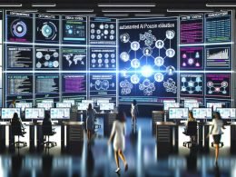 Team von Marketingexperten arbeitet gemeinsam im futuristischen Workspace mit mehreren digitalen Displays, die KI-Content-Flows, Versionierung und Automatisierung zeigen.