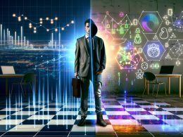 Stylischer Data Scientist halb im Anzug, halb im Hoodie, auf einem digitalen Schachbrett mit leuchtenden Datenpunkten und farbenfrohen Machine-Learning-Netzwerken im Hintergrund.