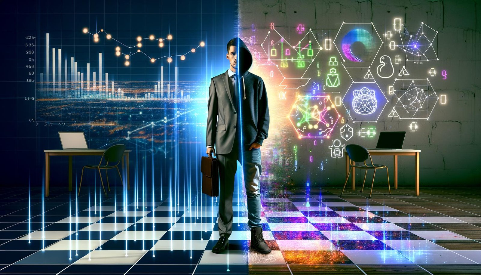 Stylischer Data Scientist halb im Anzug, halb im Hoodie, auf einem digitalen Schachbrett mit leuchtenden Datenpunkten und farbenfrohen Machine-Learning-Netzwerken im Hintergrund.