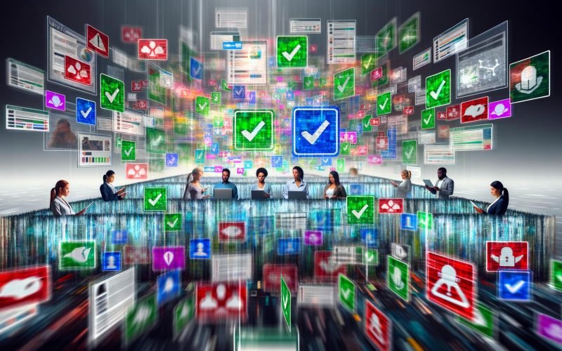 Marketer-Team hinter Glasbarriere überwacht digitale Werbebanner im chaotischen Online-Dschungel mit Checklisten und grünen Häkchen