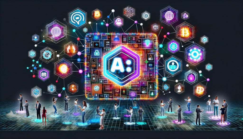 Futuristische Collage mit zentralem Notion-Interface, rotierenden Blockchain-Blöcken, NFT-Symbolen, digitalen Wallets und Menschen mit VR-Brillen im Web3 E-Commerce Kontext.