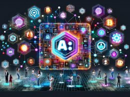 Futuristische Collage mit zentralem Notion-Interface, rotierenden Blockchain-Blöcken, NFT-Symbolen, digitalen Wallets und Menschen mit VR-Brillen im Web3 E-Commerce Kontext.