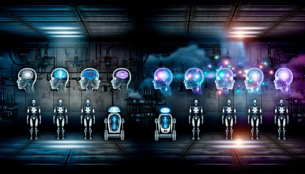 Futuristischer Maschinenraum mit einfachen Robotern, menschenähnlichen Androiden und leuchtenden KI-Hologrammen in neonfarbener, industrieller Umgebung