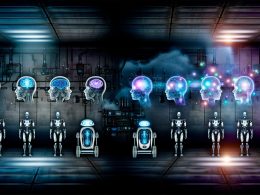 Futuristischer Maschinenraum mit einfachen Robotern, menschenähnlichen Androiden und leuchtenden KI-Hologrammen in neonfarbener, industrieller Umgebung