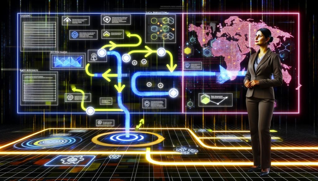 Wachstums-Hacker in futuristischem Büro überwacht digitale Lead-Pipelines mit Airbyte, Echtzeitdaten, bunten Dashboards und automatischer Zuteilung zu Vertriebsteams.