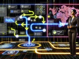 Wachstums-Hacker in futuristischem Büro überwacht digitale Lead-Pipelines mit Airbyte, Echtzeitdaten, bunten Dashboards und automatischer Zuteilung zu Vertriebsteams.