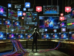 Junge Person im Hoodie bedient in einem Hightech-Workroom mehrere Monitore mit Social-Media-Analytics, Diagrammen und Automatisierungstools. Kabel, LED-Lichter und überlagerte Plattform-Logos sorgen für eine kreative, industrielle Techno-Atmosphäre.