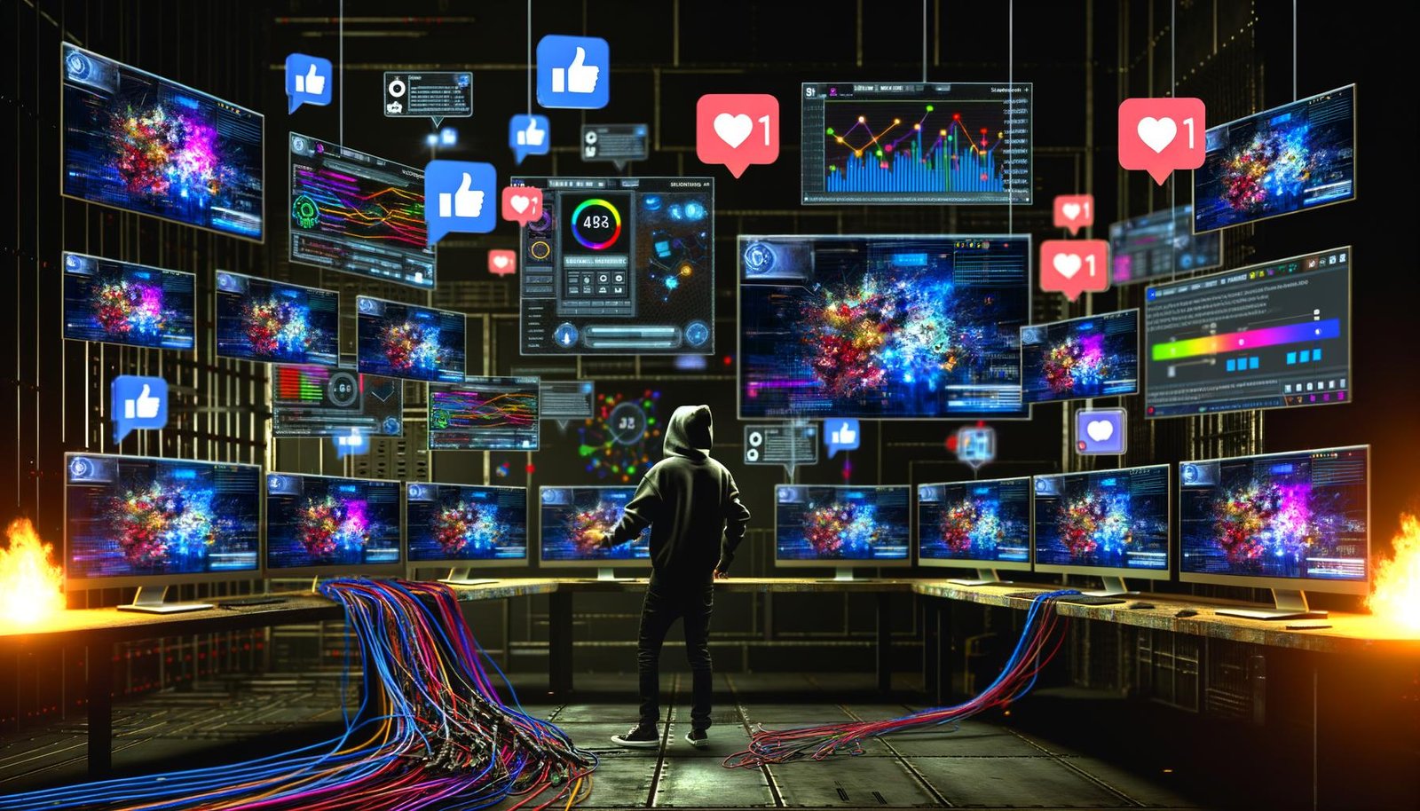 Junge Person im Hoodie bedient in einem Hightech-Workroom mehrere Monitore mit Social-Media-Analytics, Diagrammen und Automatisierungstools. Kabel, LED-Lichter und überlagerte Plattform-Logos sorgen für eine kreative, industrielle Techno-Atmosphäre.
