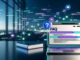 Moderner Bürotisch mit Laptop, visualisierter FAQ-Seite im Schema.org-Markup, schwebenden Sprachassistenten-Icons und digitalem Assistenten bei einer Conversational Search.