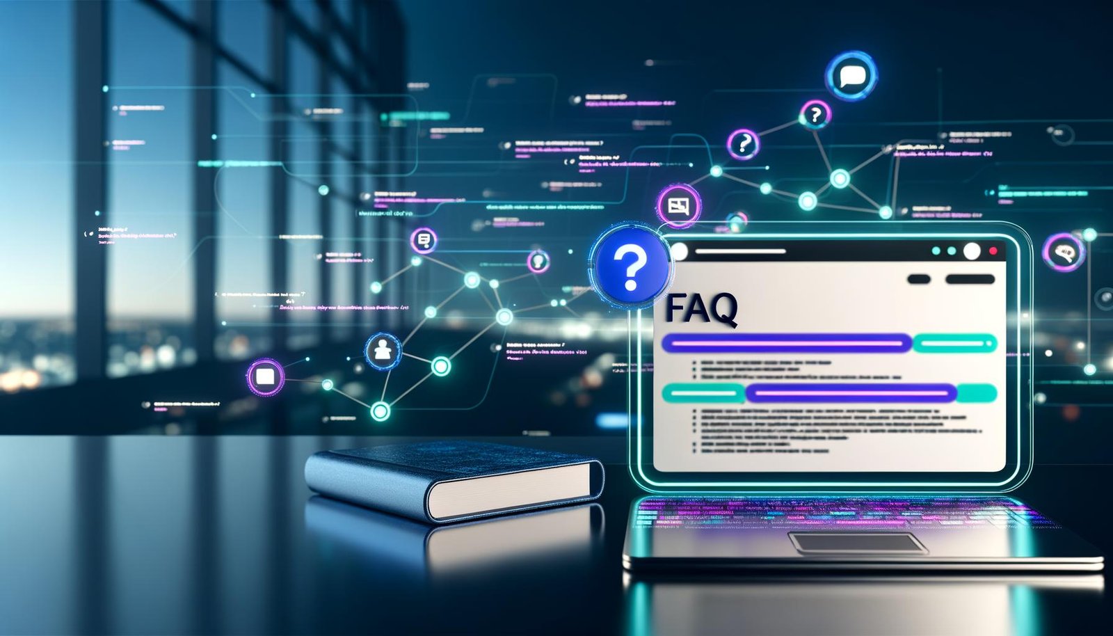 Moderner Bürotisch mit Laptop, visualisierter FAQ-Seite im Schema.org-Markup, schwebenden Sprachassistenten-Icons und digitalem Assistenten bei einer Conversational Search.