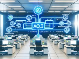 Digitales Dashboard mit automatisiertem KI-Content-Workflow in modernem Büro, visualisiert Datenquellen, automatisierte Textgenerierung, SEO und Veröffentlichung mit einem Kontrast zu chaotischem, altmodischem Arbeitsplatz im Hintergrund.