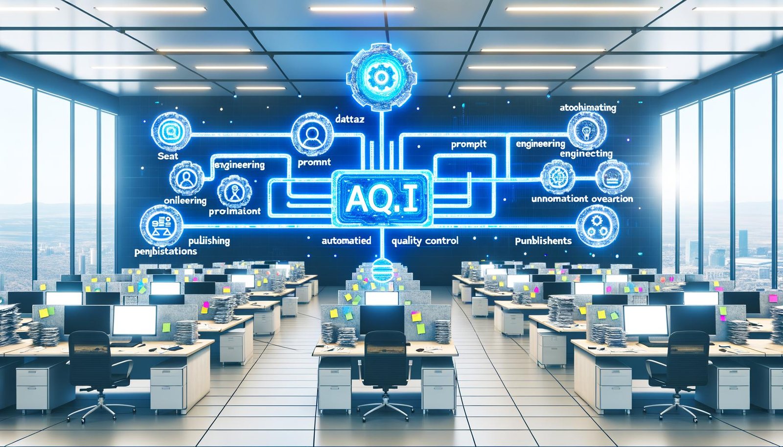 Digitales Dashboard mit automatisiertem KI-Content-Workflow in modernem Büro, visualisiert Datenquellen, automatisierte Textgenerierung, SEO und Veröffentlichung mit einem Kontrast zu chaotischem, altmodischem Arbeitsplatz im Hintergrund.