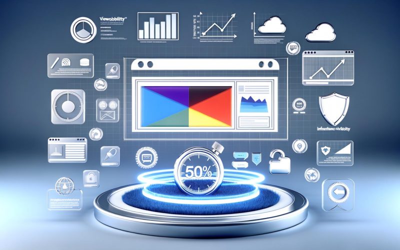 Digitales Dashboard mit Webbrowser, buntem Online-Banner und 50 % Sichtbarkeit. Umgeben von Symbolen für Leistung, Analyse und Sicherheit. Deutsche Begriffe wie „Viewability“ und „Impression“ sind integriert.