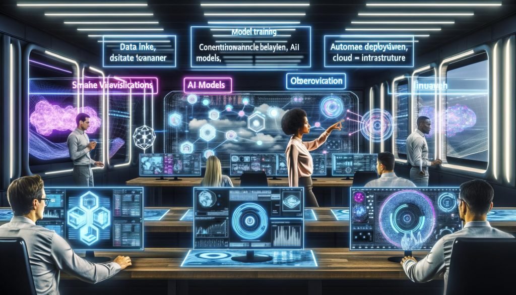 Futuristisch gestalteter Kontrollraum mit digitalen und holographischen Bildschirmen, wo ein vielfältiges Expertenteam Datenpipelines, KI-Modelle und Cloud-Infrastruktur überwacht.