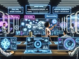 Futuristisch gestalteter Kontrollraum mit digitalen und holographischen Bildschirmen, wo ein vielfältiges Expertenteam Datenpipelines, KI-Modelle und Cloud-Infrastruktur überwacht.