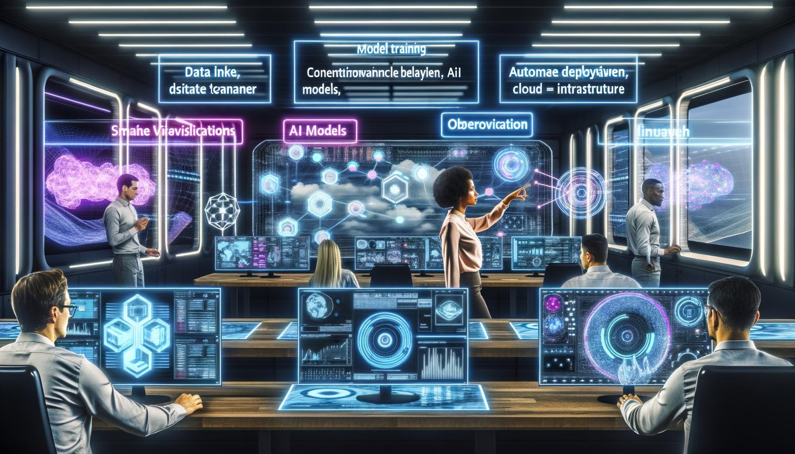 Futuristisch gestalteter Kontrollraum mit digitalen und holographischen Bildschirmen, wo ein vielfältiges Expertenteam Datenpipelines, KI-Modelle und Cloud-Infrastruktur überwacht.