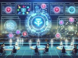 Futuristisches digitales Kommandozentrum mit schwebenden Blockchain-Dashboards, glühendem Notion-Logo und virtuellen Teammitgliedern in einer modernen Stadt.