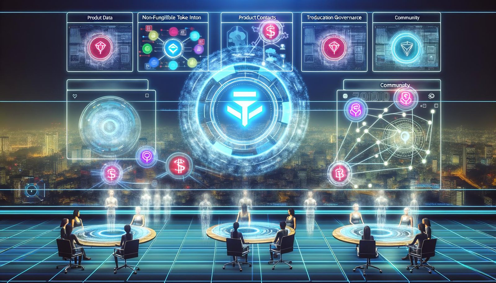 Futuristisches digitales Kommandozentrum mit schwebenden Blockchain-Dashboards, glühendem Notion-Logo und virtuellen Teammitgliedern in einer modernen Stadt.