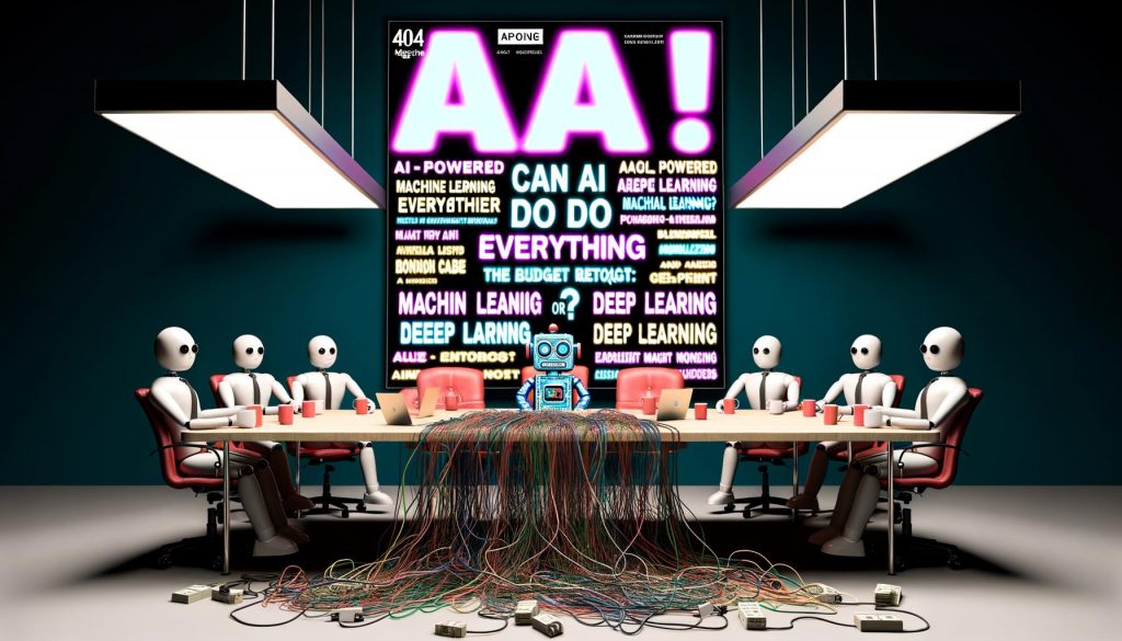 Konferenztisch voller KI-Buzzword-Schilder, Kabel, Billo-Roboter und skeptische Manager, darüber leuchtendes Zitat im Neonstil.