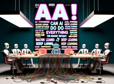 Konferenztisch voller KI-Buzzword-Schilder, Kabel, Billo-Roboter und skeptische Manager, darüber leuchtendes Zitat im Neonstil.