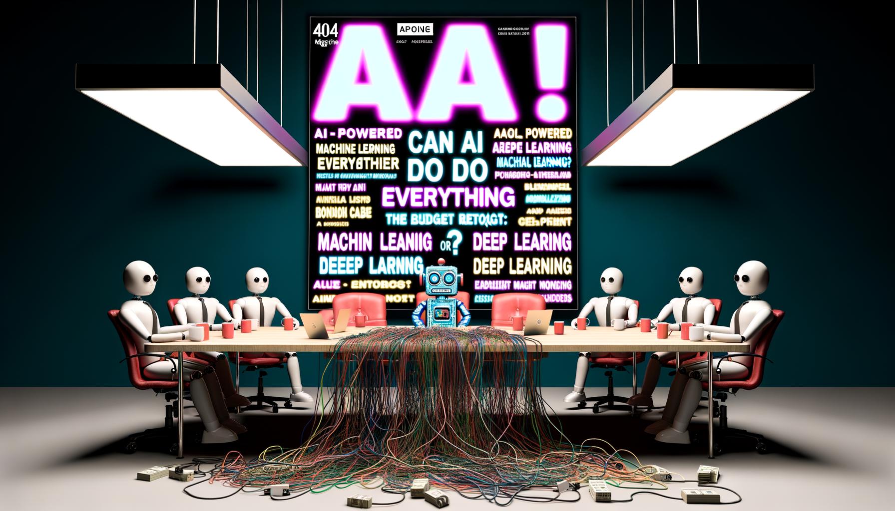 Konferenztisch voller KI-Buzzword-Schilder, Kabel, Billo-Roboter und skeptische Manager, darüber leuchtendes Zitat im Neonstil.