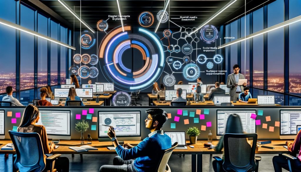 Digitale Fachkräfte arbeiten im offenen modernen Büro an Stehschreibtischen mit Bildschirmen voller Daten, Social Media Dashboards und Growth Loop Diagramm.