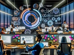 Digitale Fachkräfte arbeiten im offenen modernen Büro an Stehschreibtischen mit Bildschirmen voller Daten, Social Media Dashboards und Growth Loop Diagramm.