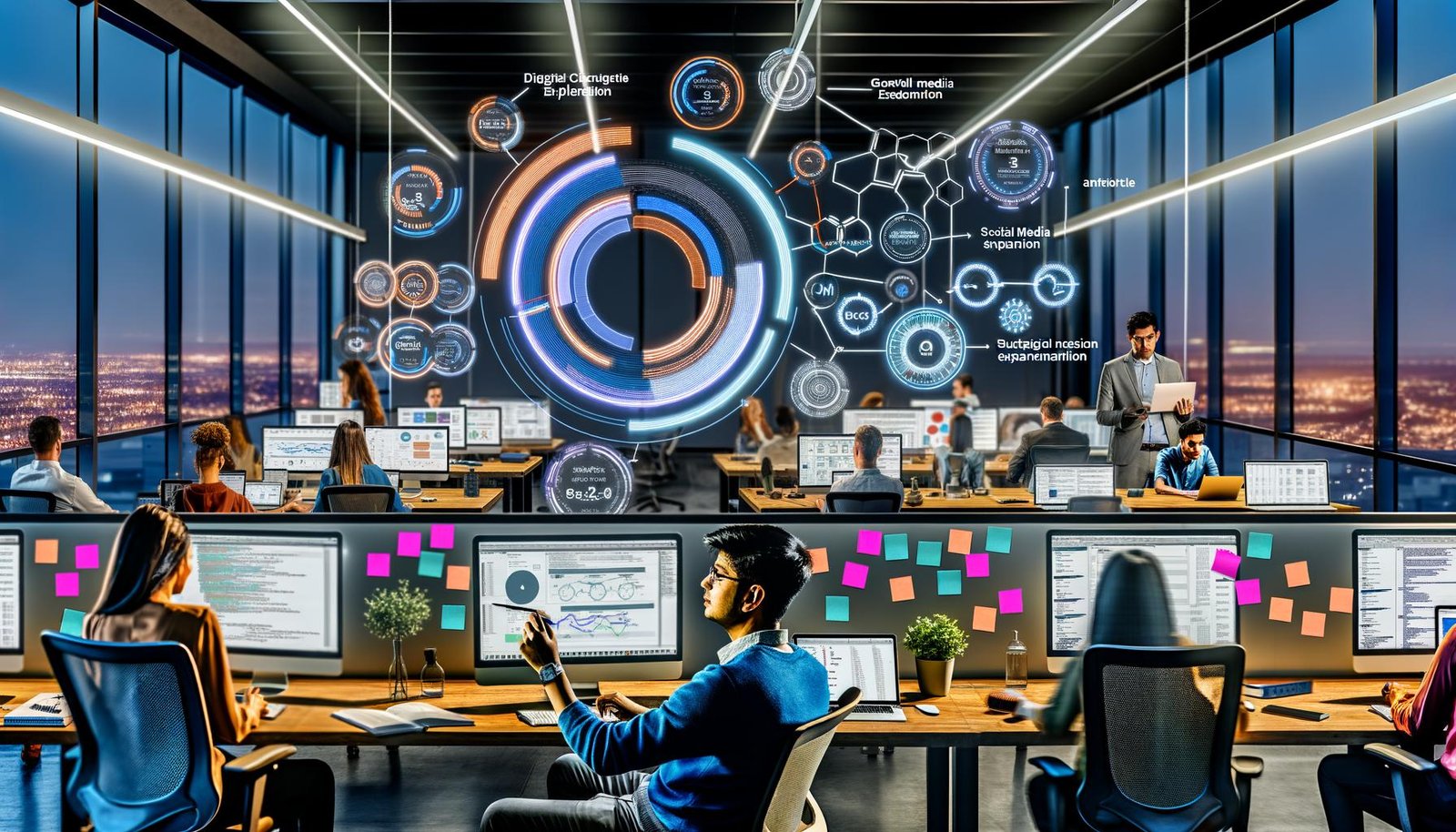 Digitale Fachkräfte arbeiten im offenen modernen Büro an Stehschreibtischen mit Bildschirmen voller Daten, Social Media Dashboards und Growth Loop Diagramm.