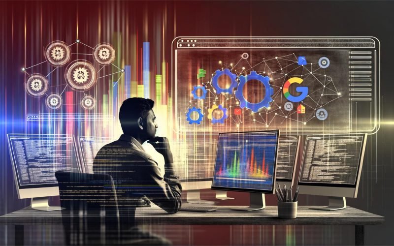 Moderne Illustration eines Online-Marketing-Profis vor mehreren Bildschirmen mit Codezeilen, Google Ads-Oberfläche, automatisierten Prozessen und einem abstrakten Netzwerk im Hintergrund.