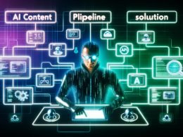 Moderne Titelillustration zeigt einen Redaktionsarbeitsplatz mit Matrix-Ästhetik, großem Content-Dashboard, vernetzten KI-Modulen und einem Content-Architekten am Tablet, umgeben von Datenströmen und Bots.