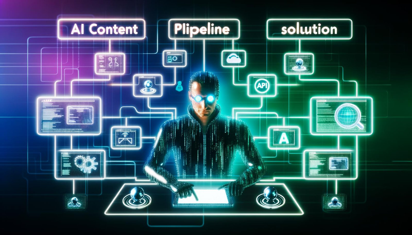 Moderne Titelillustration zeigt einen Redaktionsarbeitsplatz mit Matrix-Ästhetik, großem Content-Dashboard, vernetzten KI-Modulen und einem Content-Architekten am Tablet, umgeben von Datenströmen und Bots.